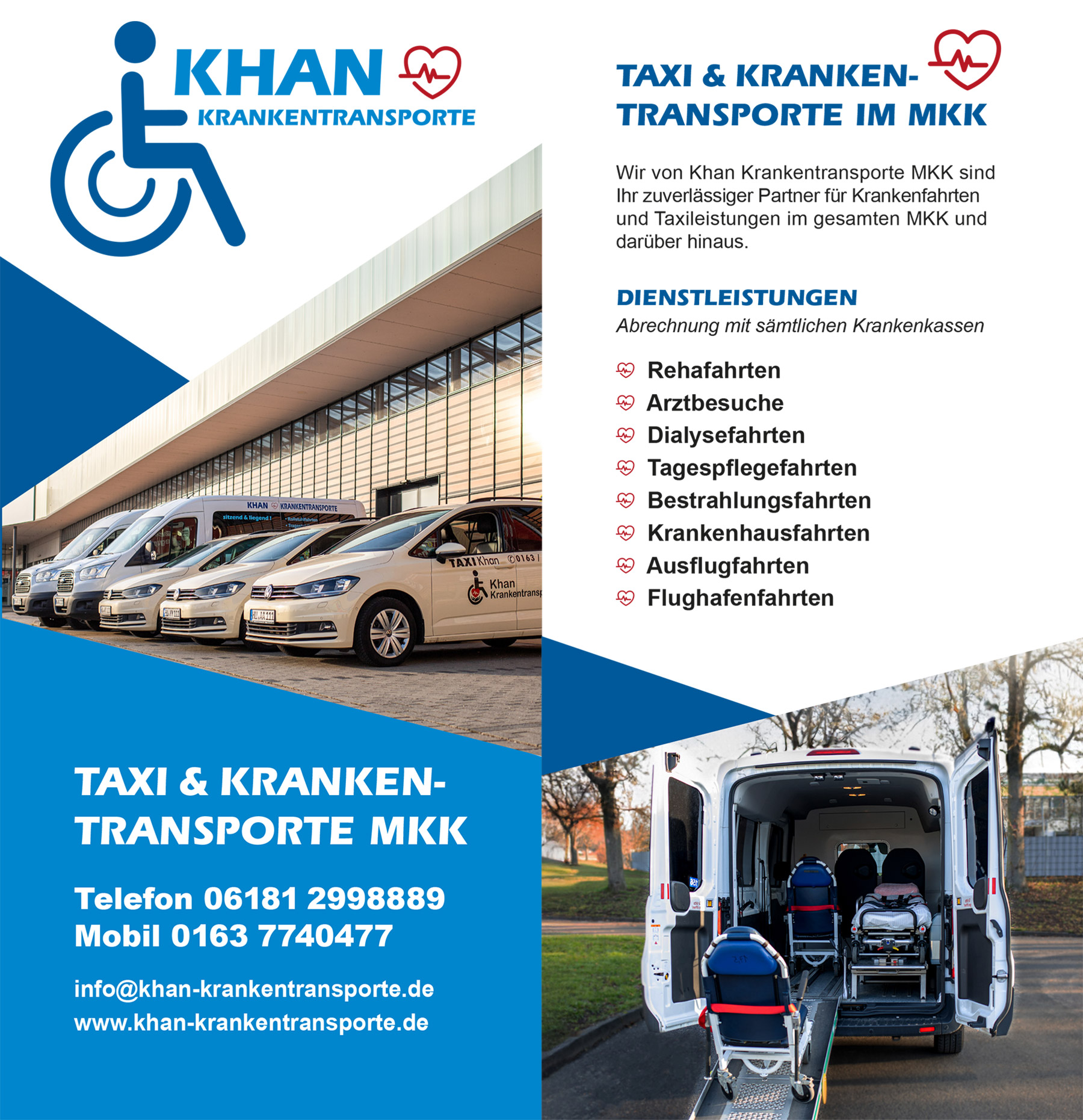 Flyer: Khan Taxi & Krankentransporte – Hanau und Main-Kinzig-Kreis